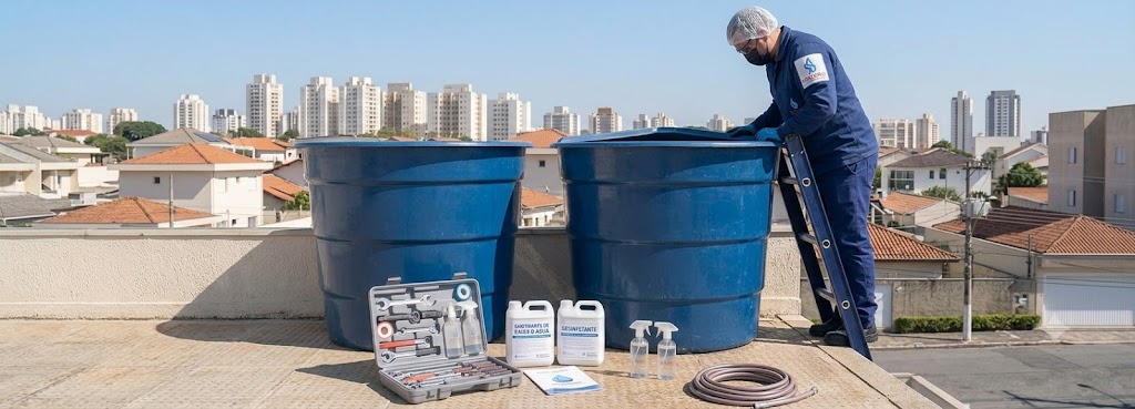 Profissional realizando Imunização e Desinfecção Bacteriológica de Caixas D'água em Garopaba